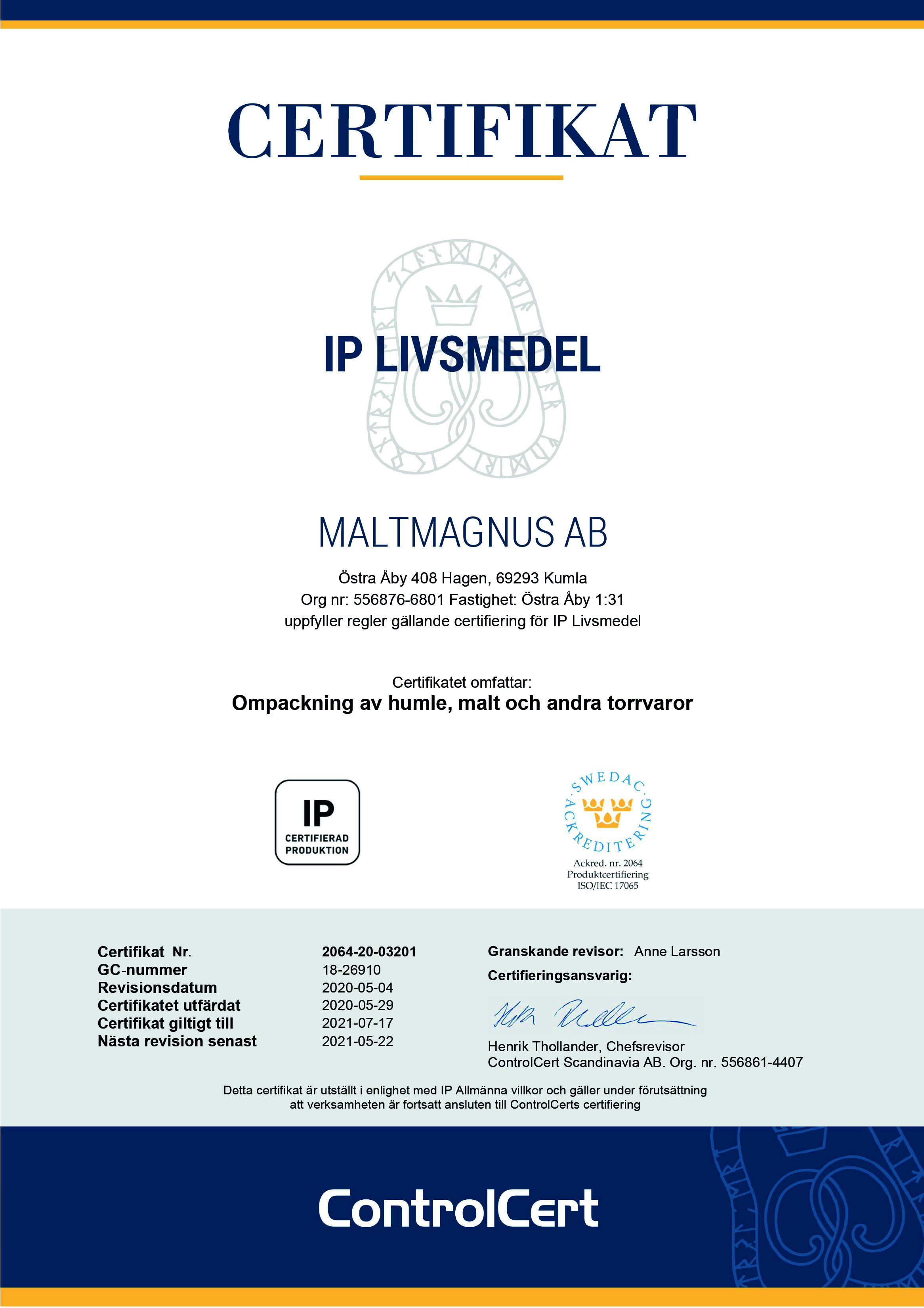 Certifikat IP Livsmedel MaltMagnus AB