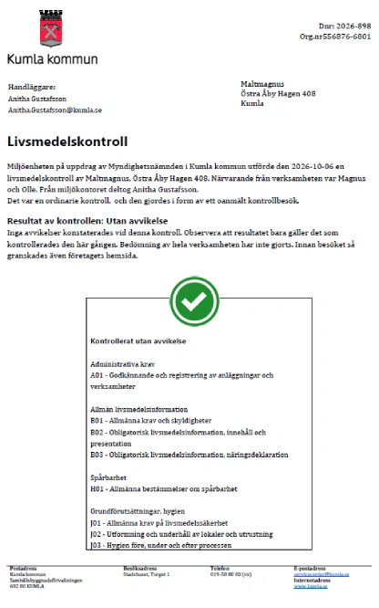 Kontrollrapport Kumla MaltMagnus AB